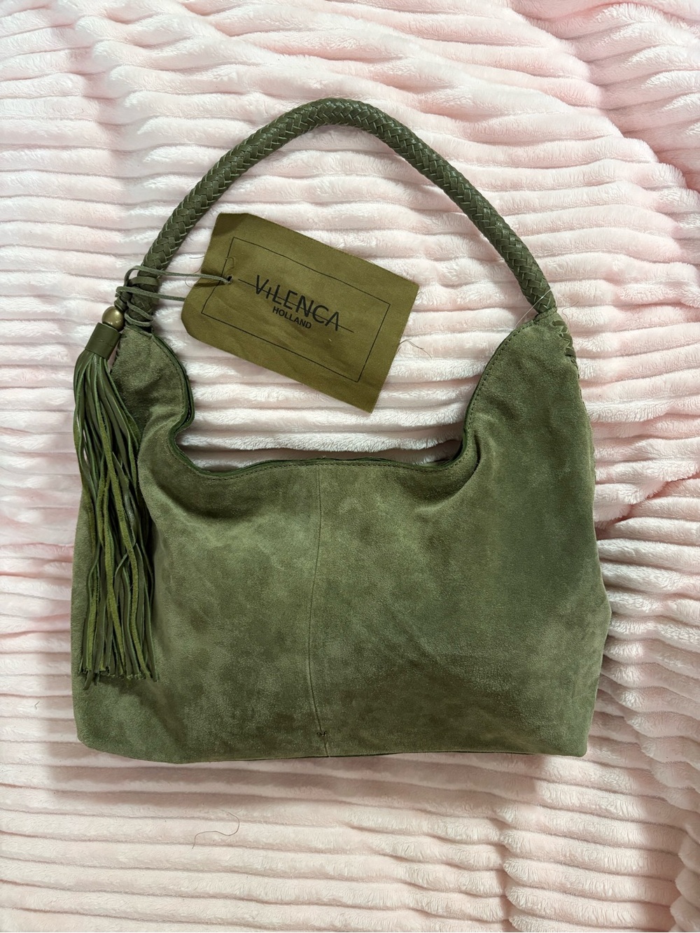 VILENCA Genuine Leather Suede Hobo Bag with Braided Handle and Tassel  NWT